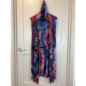 Coin 1804 Knit Hooded Boho Hippie Cardigan Vest Duster Size XL Red Blue Tie-Dye